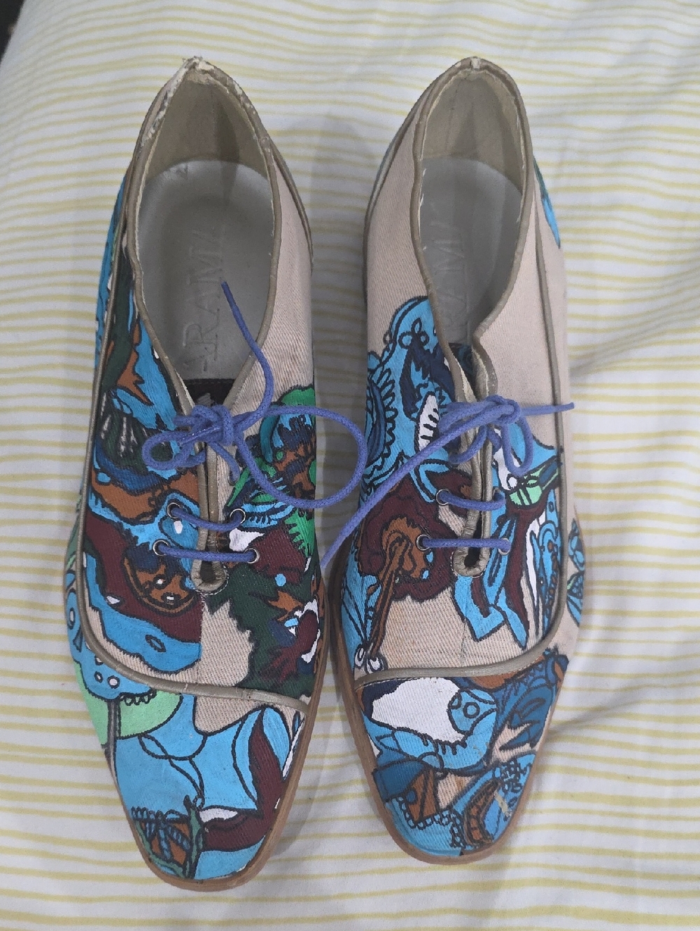 ARAMA Designer COLOURFUL PRINT Canvas Lace-Up Women's Shoes Beige Blue Green 39